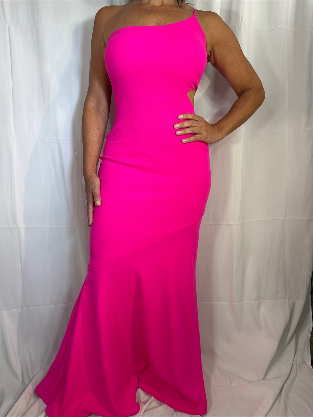Betsy & Adam Hot Pink One-Shoulder Mermaid Gown